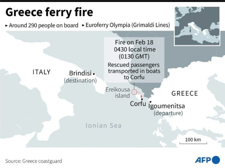 Map showing the area where a ferry caught fire after leaving Igoumenitsa in Greece