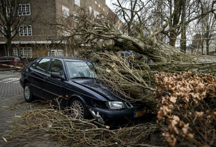Storm Eunice has killed at least 13 people in Europe and caused damage including to this car in Amsterdam