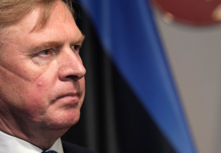Estonian Defense Minister Kalle Laanet listens during an interview in Vilnius, Lithuania February 19, 2022.