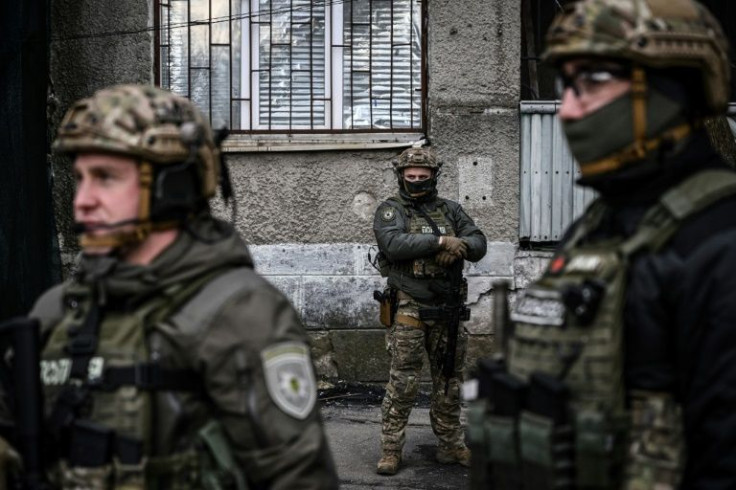 Members of the Rapid Operational Response Unit (KORD), a special purpose unit of the National Police of Ukraine, accompanied the interior minister on a frontline inspection