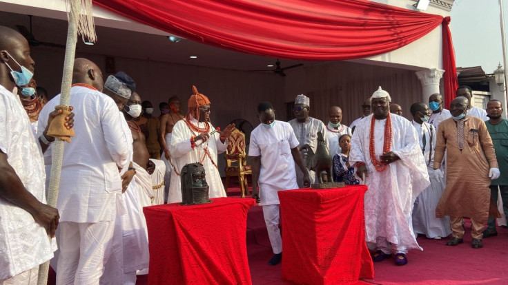 The Oba of Benin Kingdom, Oba Ewuare II receives two stolen Benin artifacts returned from England after 125 years in Benin, Nigeria February 19, 2022.