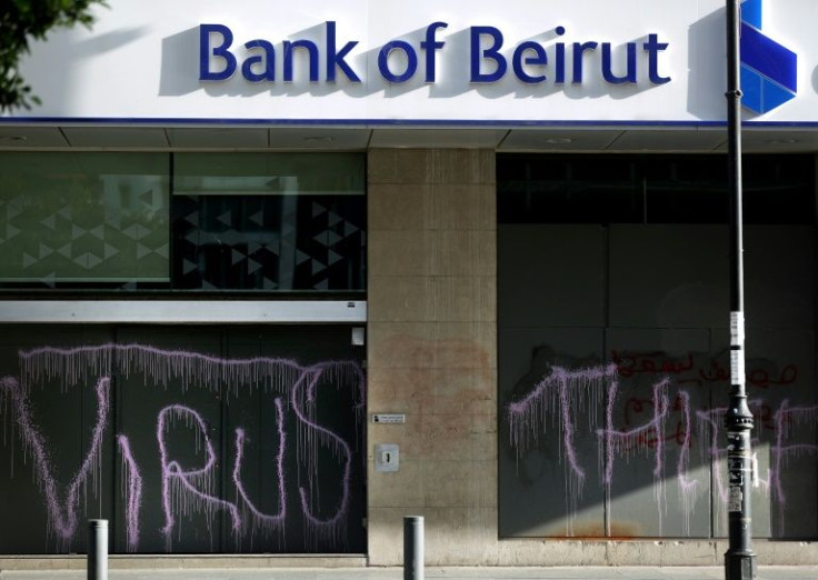 Graffiti dubbed on the exterior of a Bank of Beirut branch; Lebanese lenders are widely blamed by citizens for the country's devastating financial crisis