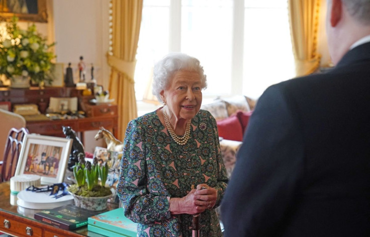 Britain's Queen Elizabeth speaks during an audience where she met the incoming and outgoing Defence Service Secretaries at Windsor Castle in Windsor, Britain, February 16, 2022. Steve Parsons/Pool via REUTERS