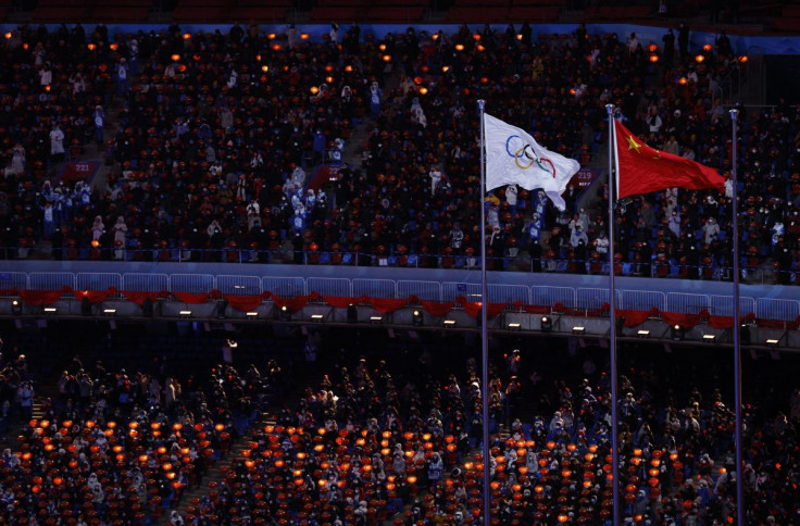 2022 Beijing Olympics - Closing Ceremony - National Stadium, Beijing, China - February 20, 2022. Olympic and China flag are seen during the closing ceremony. 