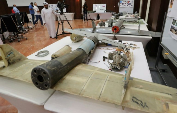 Debris of Iranian-made Ababil drones displayed in 2018 in the UAE capital Abu Dhabi -- the Emirati armed forces said the devices were used by Huthi rebels in Yemen against Saudi-led coalition forces
