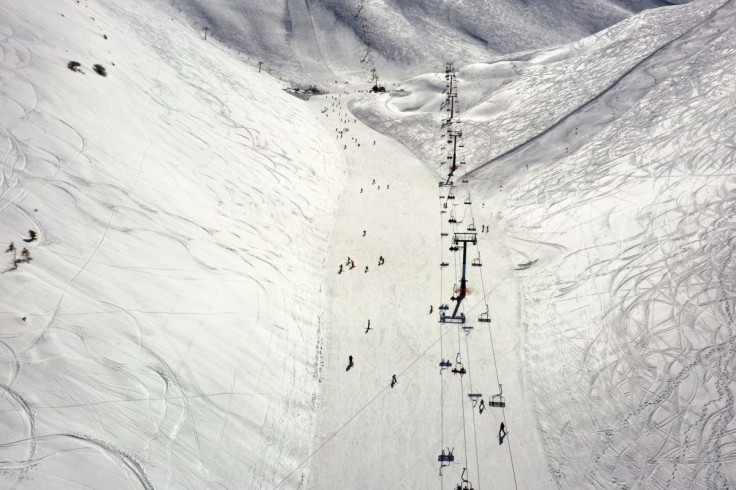 People ski at a ski resort in Kfardebian, Lebanon, February 13, 2022. Picture taken February 13, 2022. Picture taken with a drone.