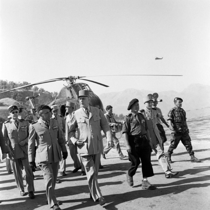 French President of the Council General Charles de Gaulle, pictured here inspecting the French army in Algeria in 1958 in Kabylia