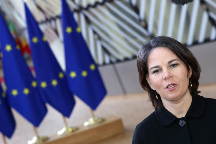 German Foreign Minister Annalena Baerbock speaks to the media before a meeting with European Union Foreign Ministers in Brussels, Belgium February 21, 2022.