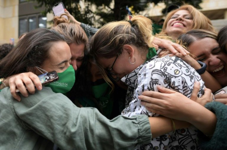 Abortion rights activists celebrate the decision of Colombia's high court to decriminalize abortion up to 24 weeks of pregnancy in Bogota