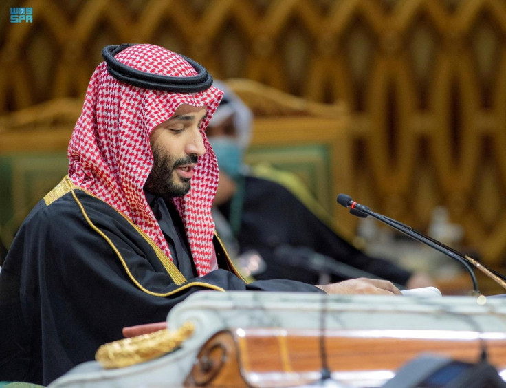 Saudi Crown Prince Mohammed bin Salman speaks during the Gulf Summit in Riyadh, Saudi Arabia, December 14, 2021. Bandar Saudi Press Agency/Handout via REUTERS