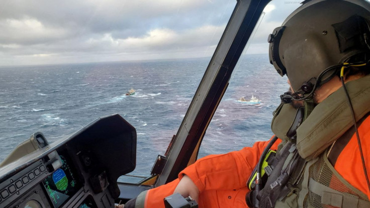 Search vessels are seen from a plane after a Spanish fishing trawler sank off the Canadian coast on Tuesday, on the Grands Banks, in Canada February 15, 2022 in this picture obtained from social media. Joint Rescue Coordination Centre Halifax/via REUTERS