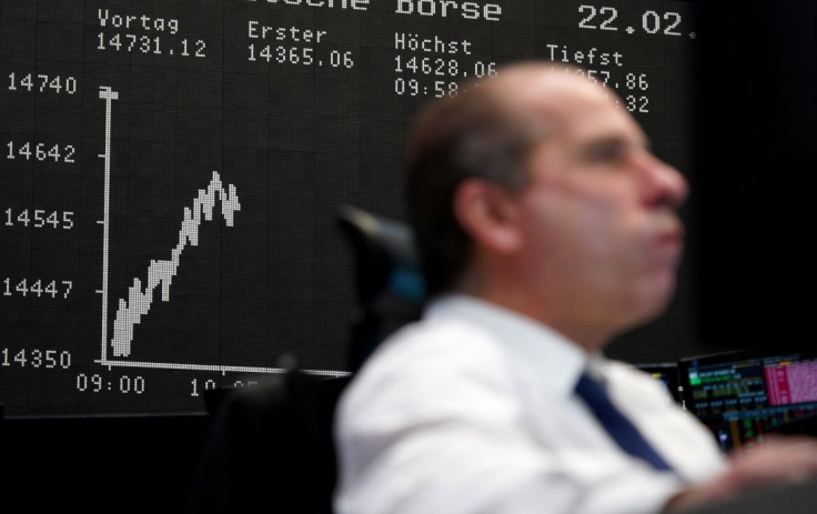 A trader works at the Frankfurt stock exchange in Frankfurt, Germany, February 22, 2022.    