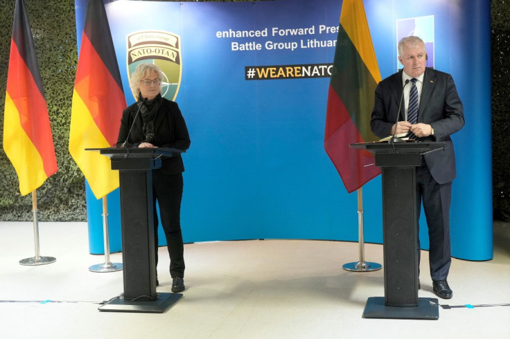 German Defence Minister Christine Lambrecht and Lithuanian Defence Minister Arvydas Anusauskas attend a news conference in Rukla military base, Lithuania February 22, 2022.