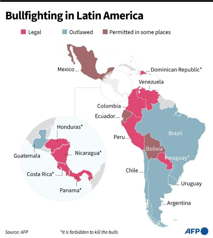 Map showing countries in Latin America where bullfighting is legal, outlawed and permitted in some areas