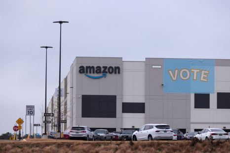 A banner reading "VOTE" is seen hanging at an Amazon facility on the first day of the unionization vote in Bessemer,  Alabama, U.S., February 4, 2022. 