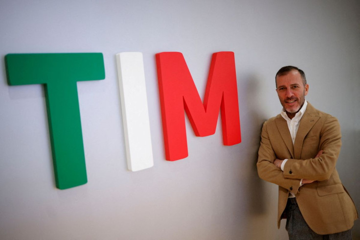 Telecom Italia (TIM) General Manager Pietro Labriola poses for a portrait next to the company's name at TIM headquarters in Rome, Italy, January 17, 2022. 