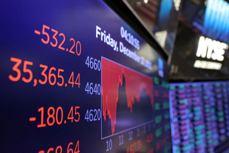 The Dow Jones Industrial Average is displayed on a screen after the markets closed at the New York Stock Exchange (NYSE) in Manhattan, New York City, U.S., December 17, 2021. 