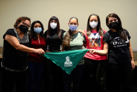 Elsy, Kenia, Evelyn and Karen, women who were freed from jail after being convicted of aggravated homicide following medical emergencies during their pregnancies, pose with abortion rights activists Morena Herrera and Sara Garcia of the Citizen Group for 