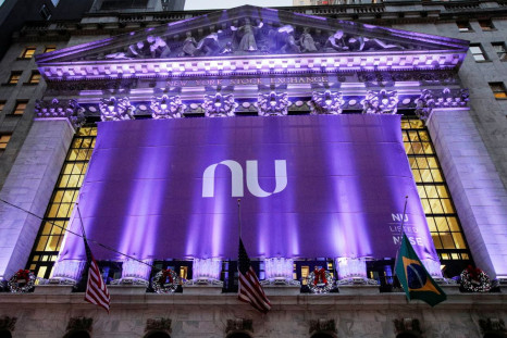 A banner for Nubank, the Brazilian FinTech startup, hangs on the facade at the New York Stock Exchange (NYSE) to celebrate the company's IPO in New York, U.S., December 9, 2021. 