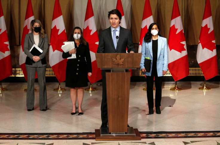 Canada's Prime Minister Justin Trudeau speaks at a news conference about the situation in Ukraine with Canada's Minister of Foreign Affairs Melanie Joly, Canada's Deputy Prime Minister and Minister of Finance Chrystia Freeland, and Canada's Defence Minist