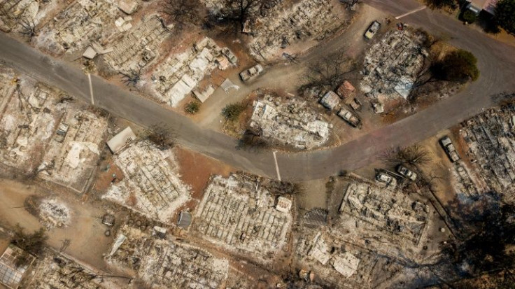 An aerial view shows burned properties in Clearlake, California in August 2021