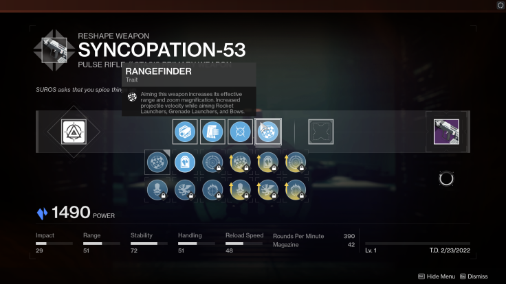 The weapon crafting screen in Destiny 2
