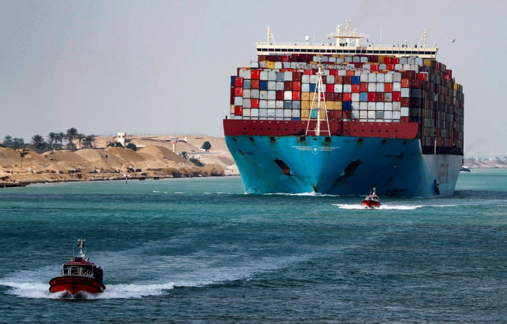 A shipping container passes through the Suez Canal in Suez, Egypt February 15, 2022.