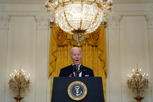 U.S. President Joe Biden provides an update on Russia and Ukraine during remarks in the East Room of the White House in Washington, U.S., February 22, 2022. 