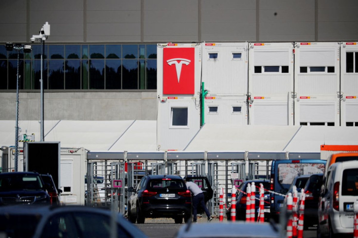 A view shows the entrance to the construction site of the future Tesla Gigafactory in Gruenheide near Berlin, Germany, August 12, 2021.