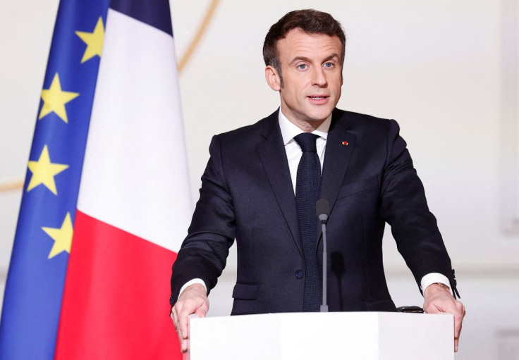 French President Emmanuel Macron speaks at a press conference at the Elysee Palace, in Paris, France, February 17, 2022. EPA-EFE/IAN LANGSDON/Pool via