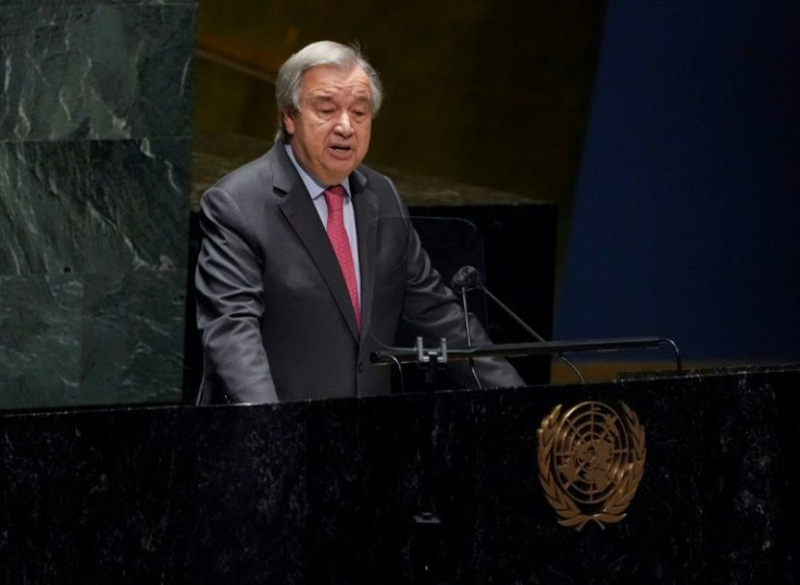 UN Secretary-General Antonio Guterres speaks at the General Assembly 58th plenary meeting in New York on February 23, 2022, on the Russia-Ukraine crisis