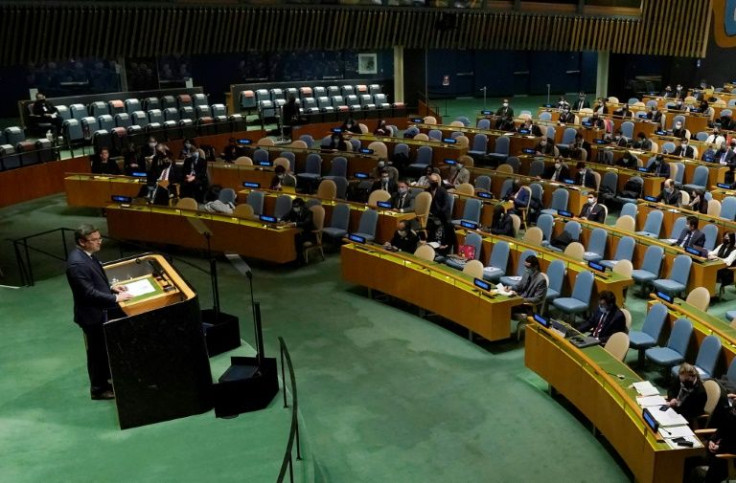 Ukrainian Foreign Minister Dmytro Kuleba speaks at the General Assembly 58th plenary meeting on February 23, 2022, on the Russia-Ukraine crisis