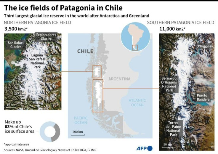Map of Chile showing the Patagonian ice fields, the third biggest glacial ice reserve in the world