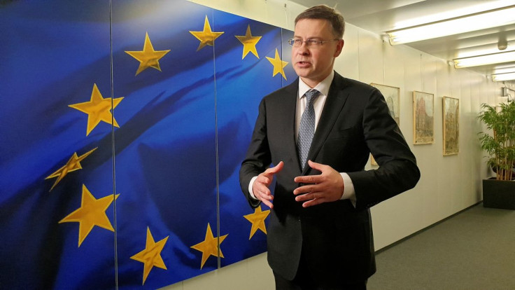 European Commission Vice President Valdis Dombrovskis speaks during an interview with Reuters in Brussels, Belgium, February 23, 2022. 