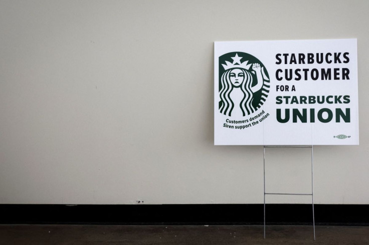 A sign showing support for a Starbucks Union is seen at the Workers United, an affiliate of the Service Employees International Union, offices in Buffalo, New York, U.S., February 23, 2022.  