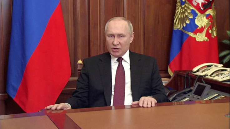 Russian President Vladimir Putin speaks about authorising a special military operation in Ukraine's Donbass region during a special televised address on Russian state TV, in Moscow, Russia, February 24, 2022, in this still image taken from video.  Russian