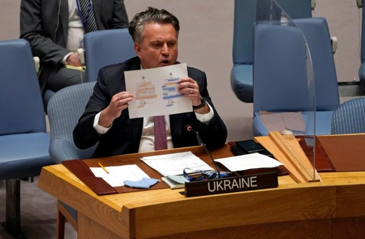 Permanent Representative of Ukraine to the United Nations (UN) Sergiy Kyslytsya speaks during an emergency meeting of the UN Security Council on the Ukraine crisis, in New York, February 21, 2022