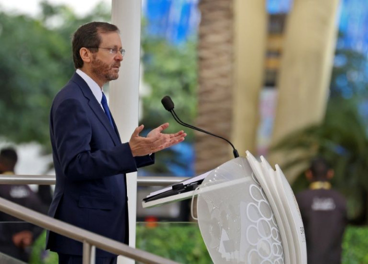 Israel's President Isaac Herzog speaks at al-Wasl Dome at Expo 2020 Dubai during Israel's expo National Day