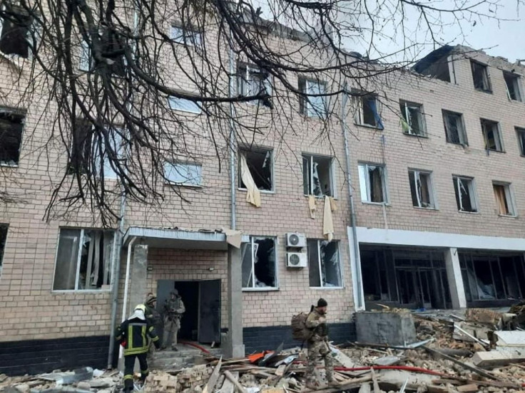 A view shows a building of a military base, which, according to the State Emergency Service of Ukraine, was damaged by fire, after Russian President Vladimir Putin authorized a military operation in eastern Ukraine, in the town of Brovary, near Kyiv, Ukra