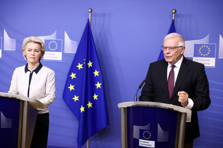 European Commission President Ursula von der Leyen and Vice-President In Charge of Foreign Policy Josep Borrell give a joint media statement on Russia's attack on Ukraine, in Brussels, Belgium February 24, 2022. Kenzo Tribouillard/Pool via REUTERS
