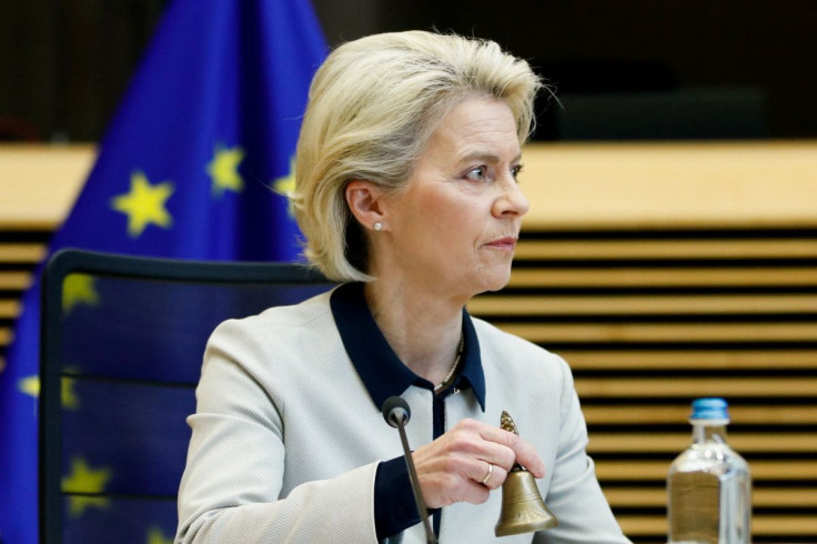 European Commission President Ursula von der Leyen rings a bell during a European Commission College meeting in Brussels, Belgium, February 24, 2022. 