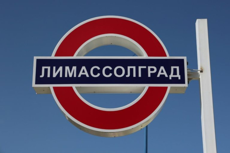 A sign in Russian that reads "Limassolgrad" is pictured in the Mediterranean seaside city of Limassol