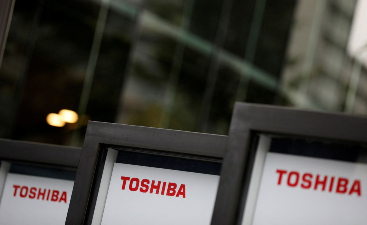 Logos  of Toshiba are pictured at a venue of Toshiba Corp's annual general meeting with its shareholders in Tokyo, Japan, June 25, 2021.   