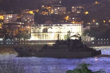 The Russian Navy's large landing ship Olenegorsky Gornyak sets sail in the Bosphorus, on its way to the Black Sea, in Istanbul, Turkey February 9, 2022. 