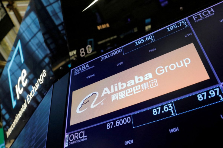 The logo Alibaba Group for is seen on the trading floor at the New York Stock Exchange (NYSE) in Manhattan, New York City, U.S., August 3, 2021. 