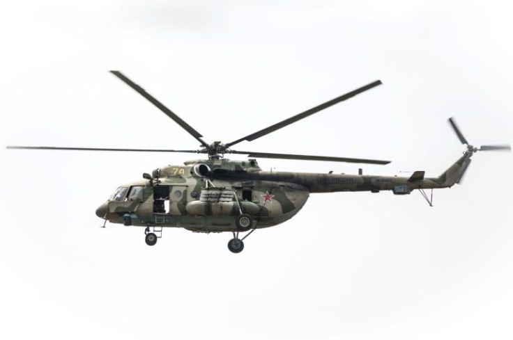 Air support: A Russian-made MI-17 helicopter marked with a red star, pictured near Bangui on January 10 2021