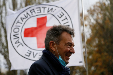 International Committee of the Red Cross (ICRC) President Peter Maurer visits a children's hospital, which is under reconstruction in the rebel-controlled town of Horlivka (Gorlovka) near Donetsk, Ukraine, November 6, 2020. 