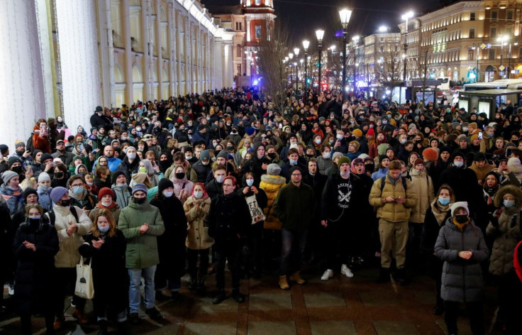 People attend an anti-war protest, after Russian President Vladimir Putin authorized a military operation in Ukraine, in Saint Petersburg, Russia, February 24, 2022.