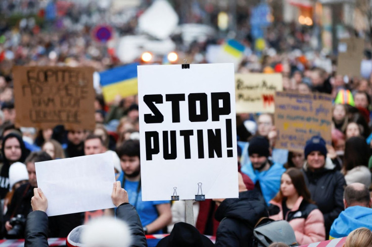 Demonstrators attend a rally in support of Ukraine after Russian President Vladimir Putin authorized a military operation in eastern Ukraine, in Prague, Czech Republic, February 24, 2022.