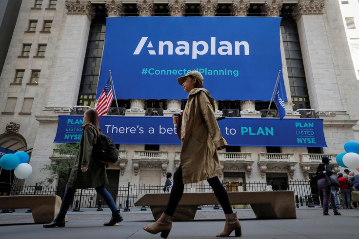 A banner for Anaplan, Inc. hangs on the facade of the New York Stock Exchange (NYSE) to celebrate the company's IPO in New York, U.S., October 12, 2018.